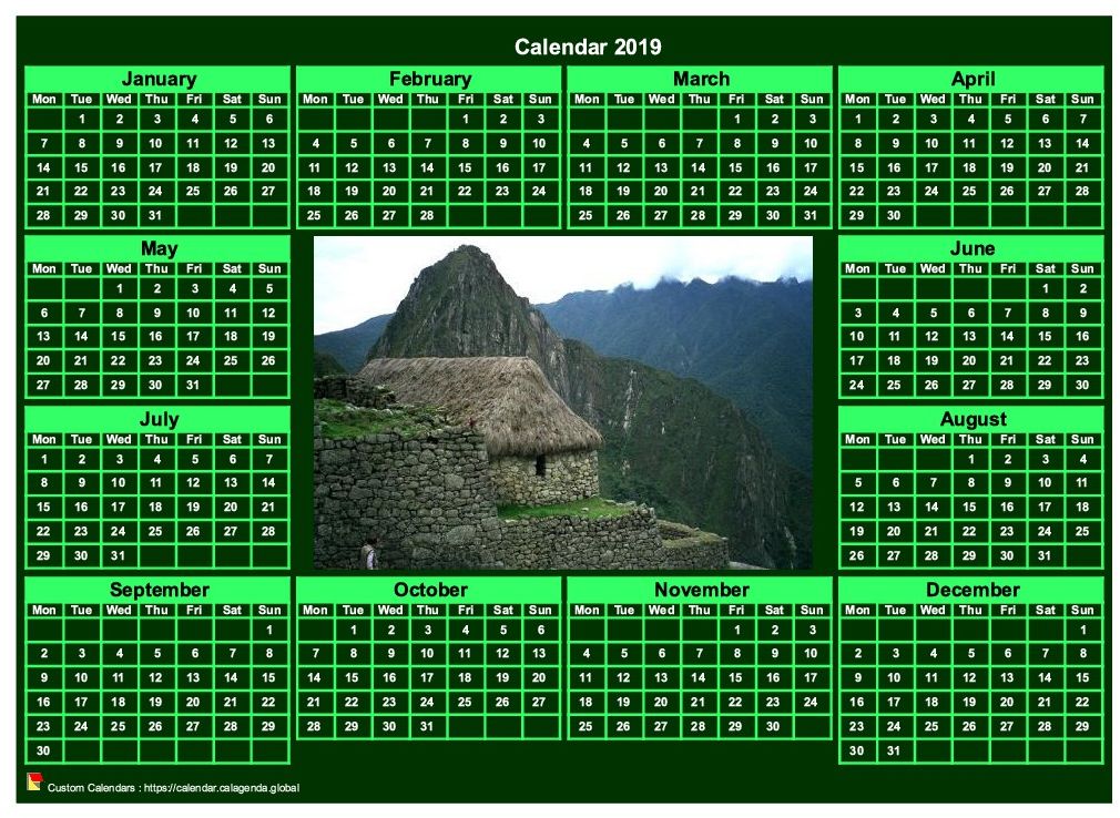 Calendar 2019 photo annual to print landscape, green background, format