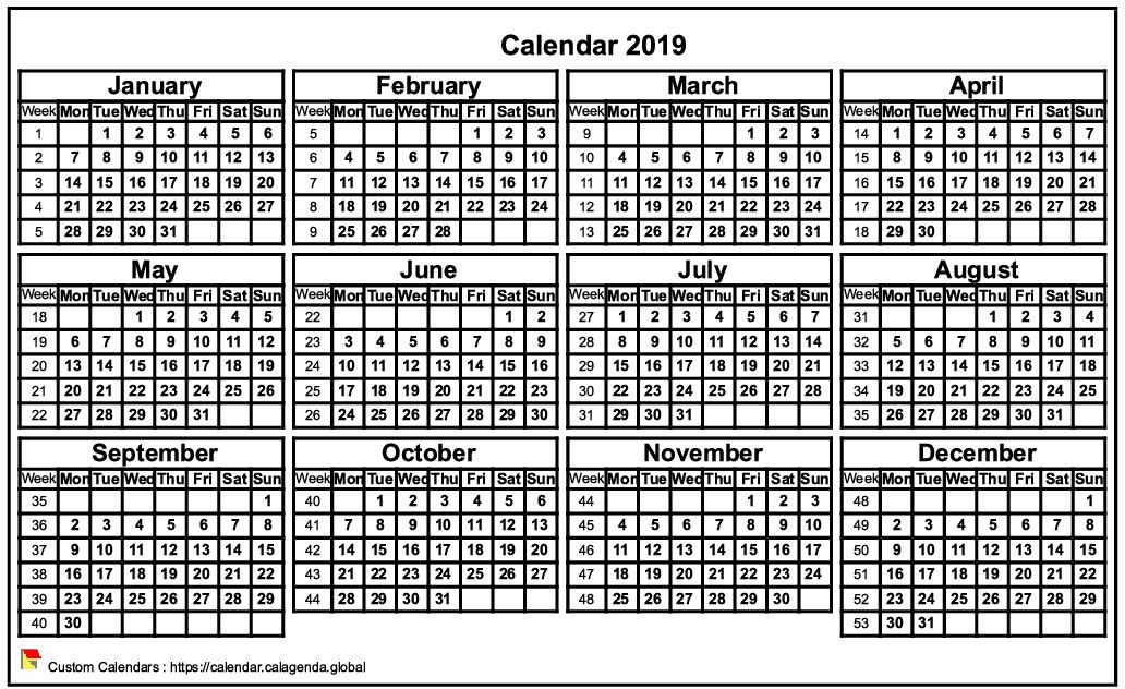 Calendar 2019 format landscape