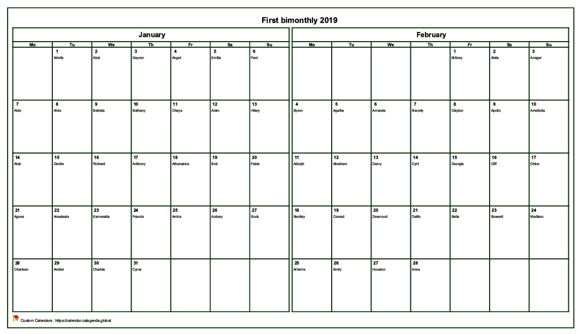 Calendar 2019 bimonthly, format landscape, with names