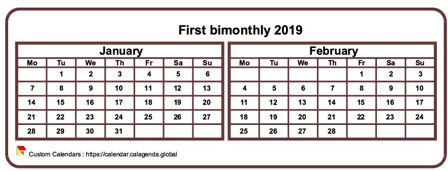 Calendar 2019 two months, tiny horizontal, pocket format, white background