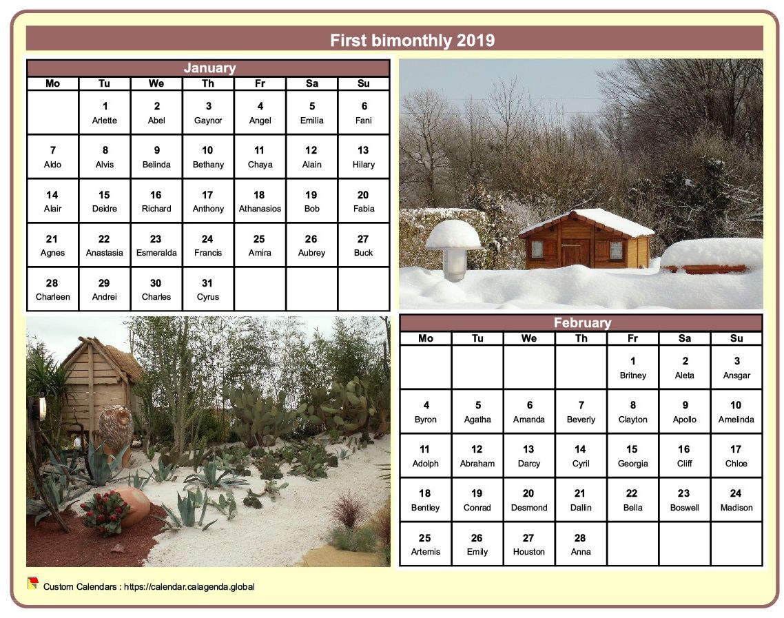 Calendar 2019 bimonthly with a different photo every month