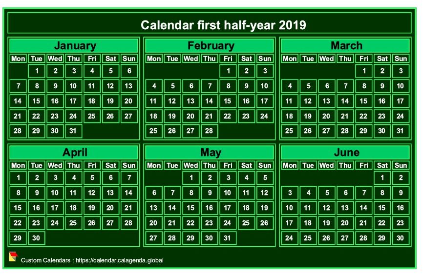 Calendar 2019 to print, half-year, tiny pocket format, green background