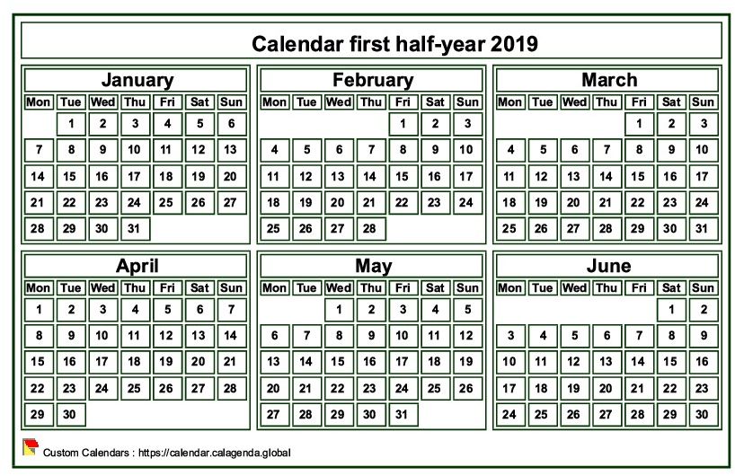 Calendar 2019 to print, half-year, tiny pocket format, white background
