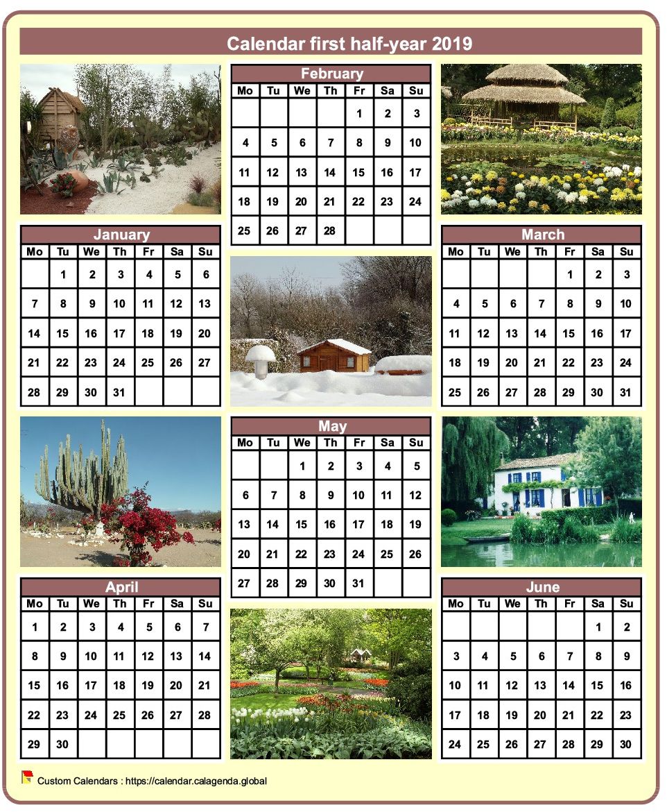 Calendar 2019 half-year with a different photo every month