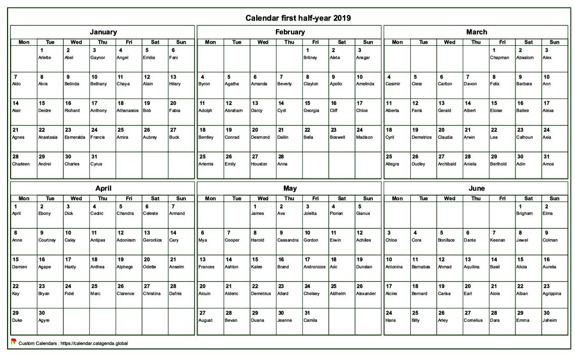 Calendar 2019 to print half-year, format landscape