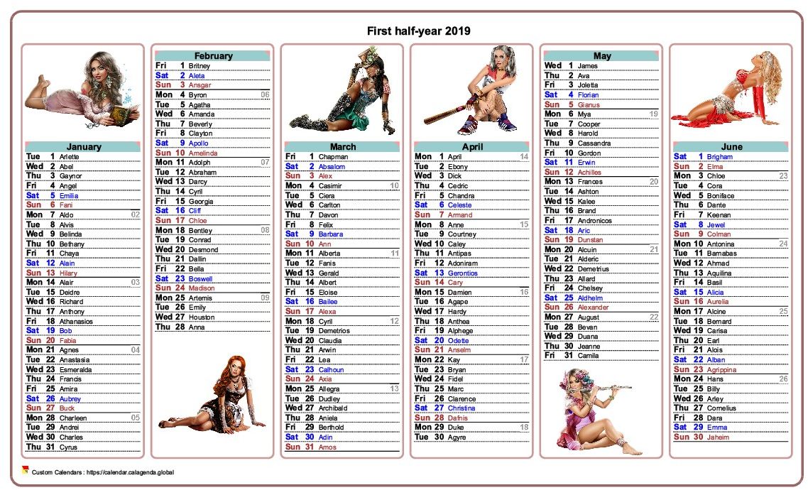 Calendar 2019 half-year tubes women