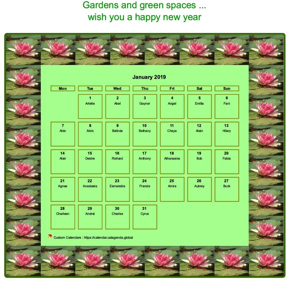 Calendar 2019 decorative agenda monthly, frame with motives waterlilies
