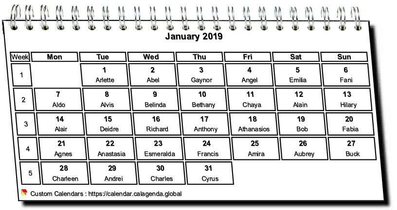 Calendar monthly 2019 in spirals