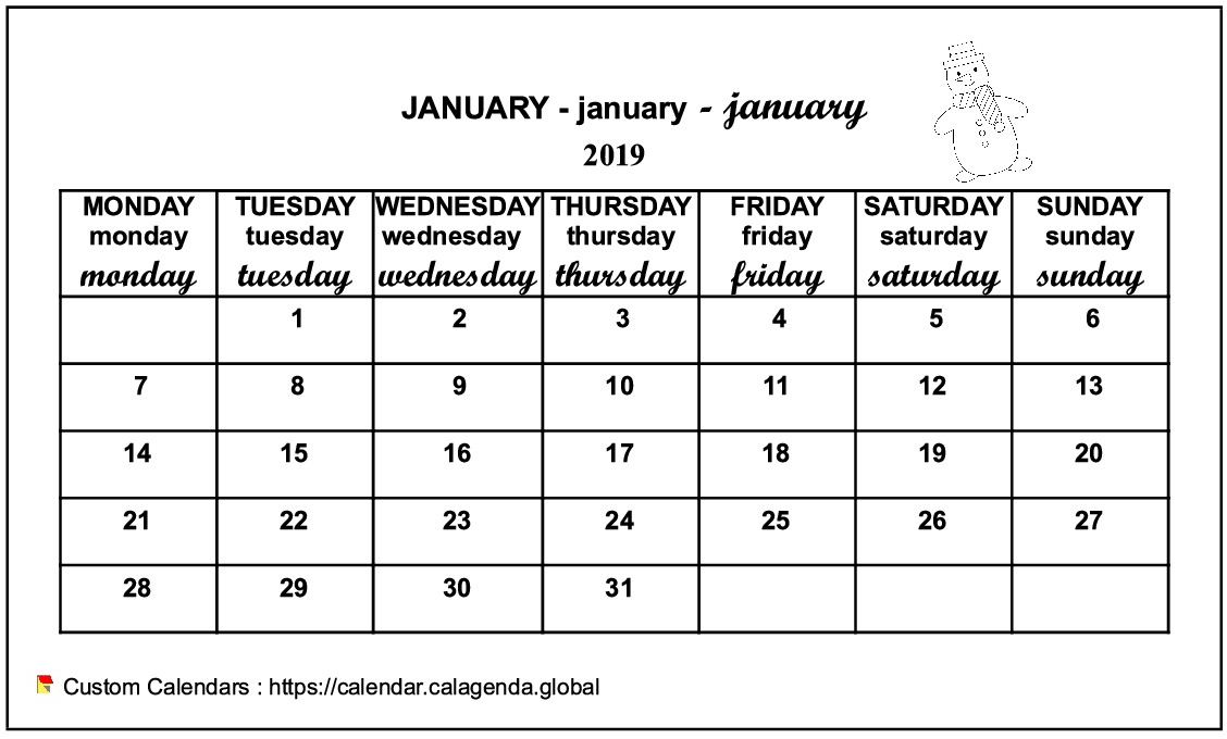 Calendar monthly 2019 maternal and primary school