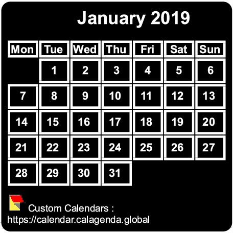 Calendar monthly 2019 to print, black background, tiny size, pocket size, special wallet