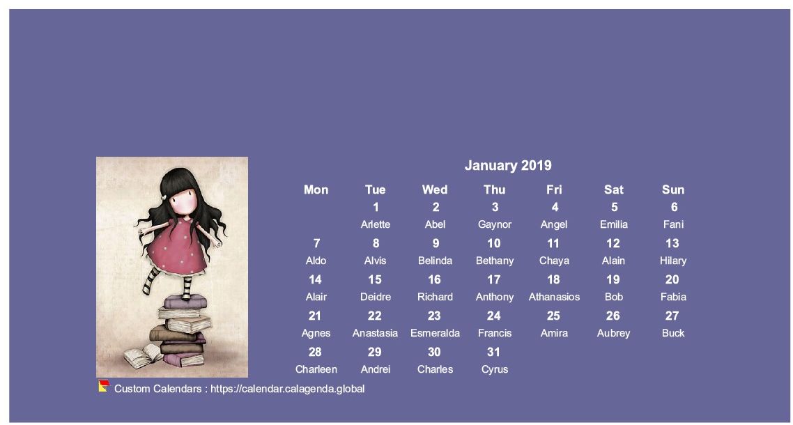 Calendar monthly 2019 Gorjuss