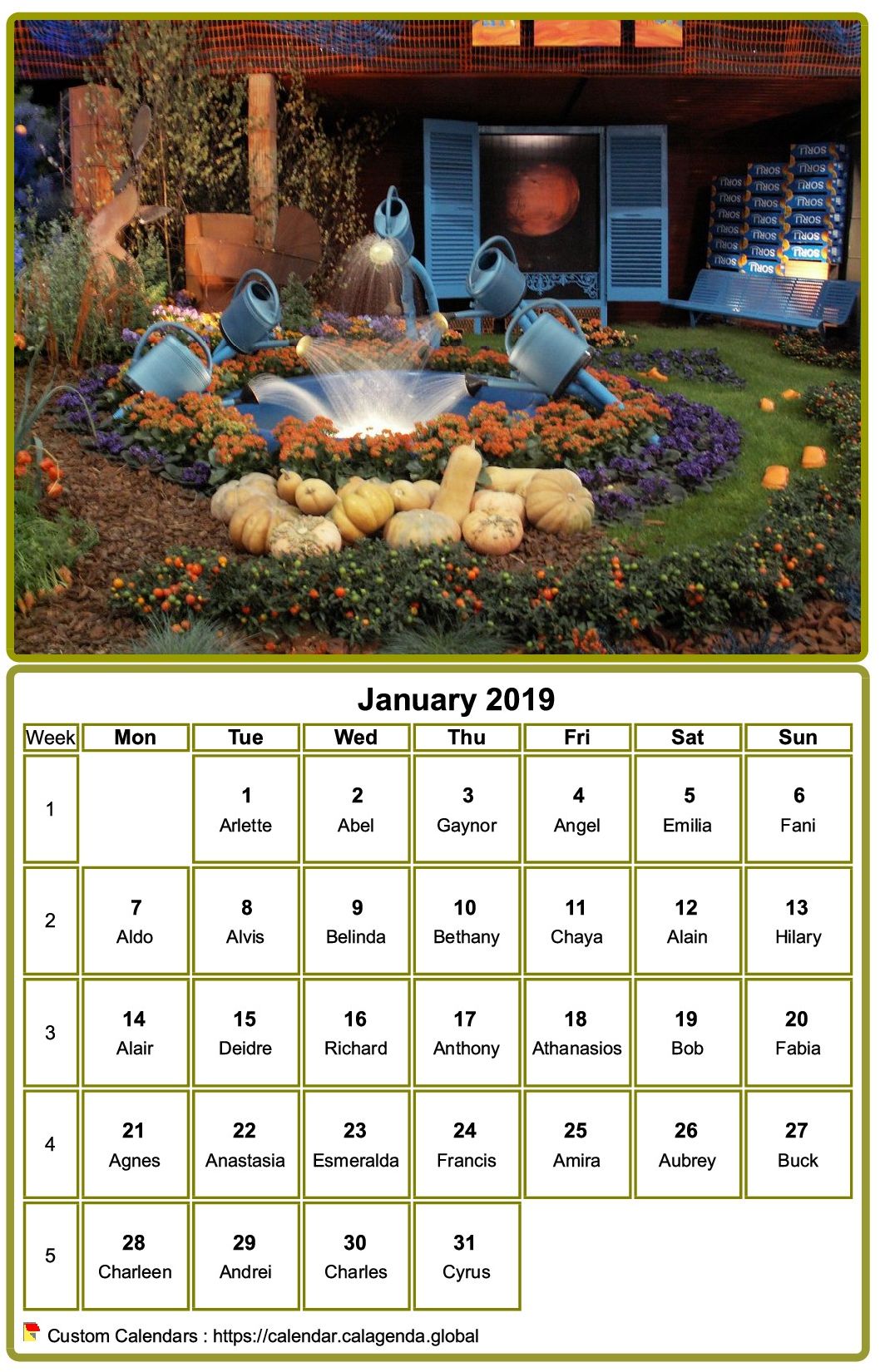 Calendar 2019 to print, monthly, with photo at the top