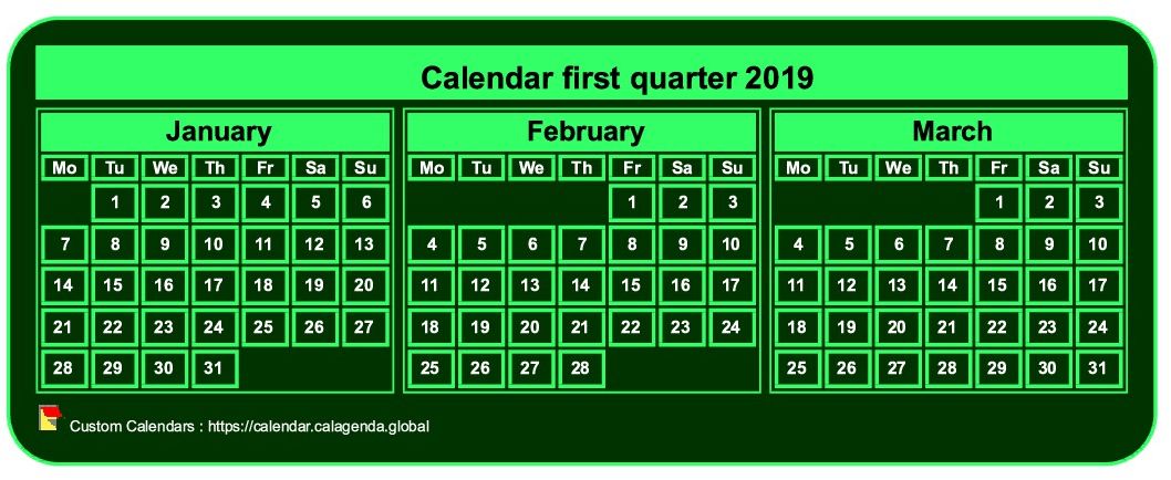 Calendar 2019 to print quarterly, tiny pocket format, green background