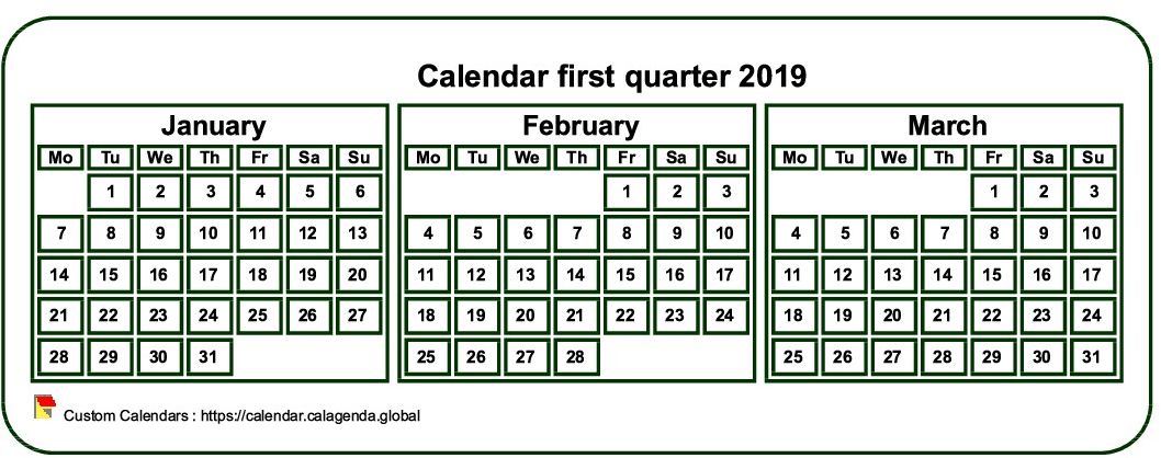 Calendar 2019 to print quarterly, tiny pocket format, white background