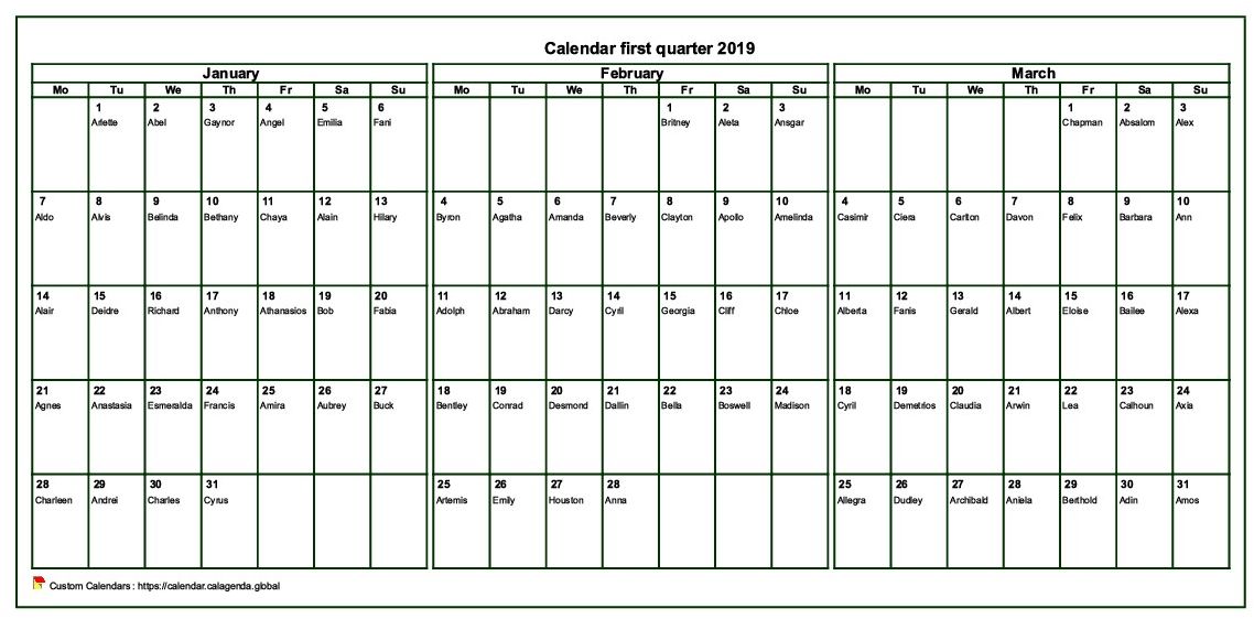 Calendar 2019 to print quarterly, format landscape