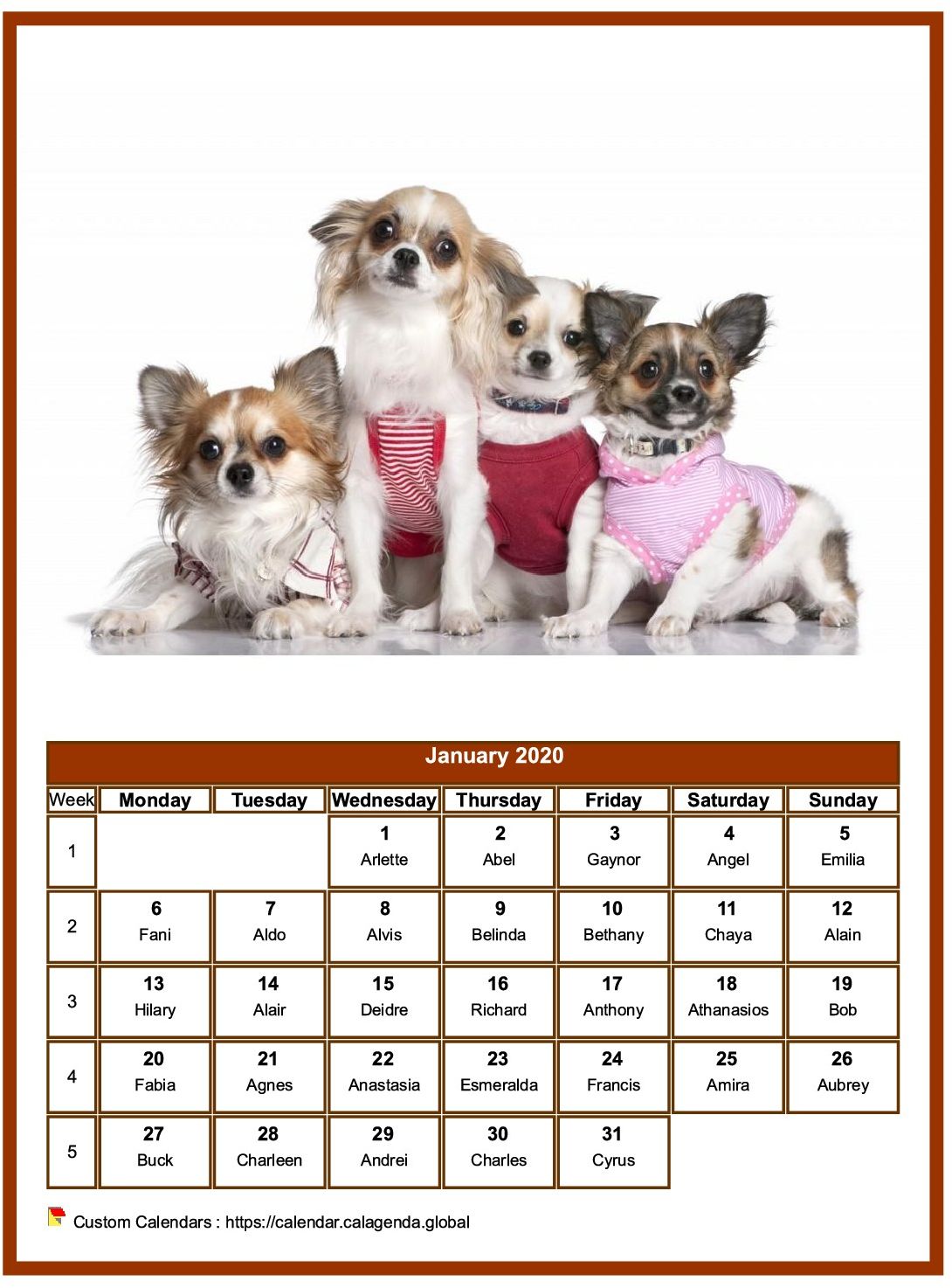 Calendar January 2020 dogs