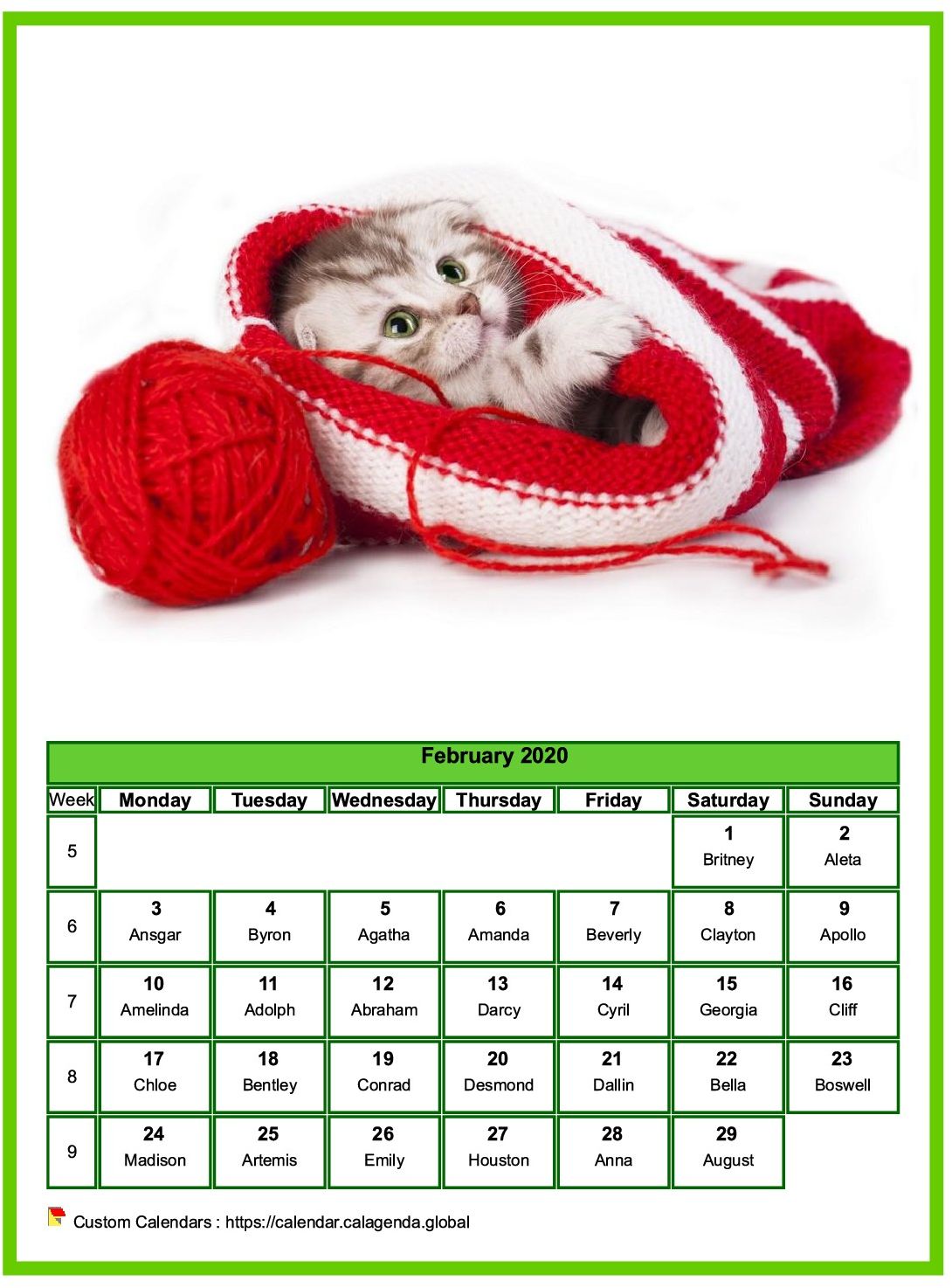 Calendar February 2020 cats