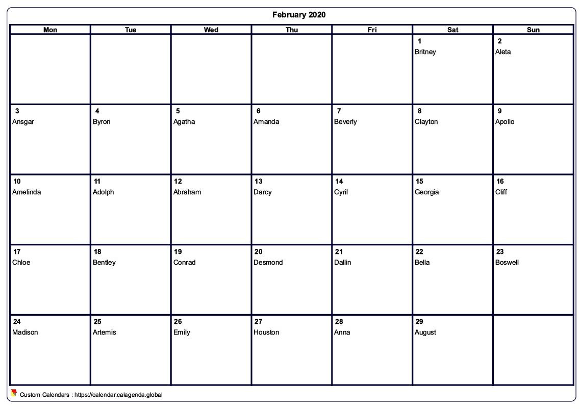 Calendar February 2020 to print blank