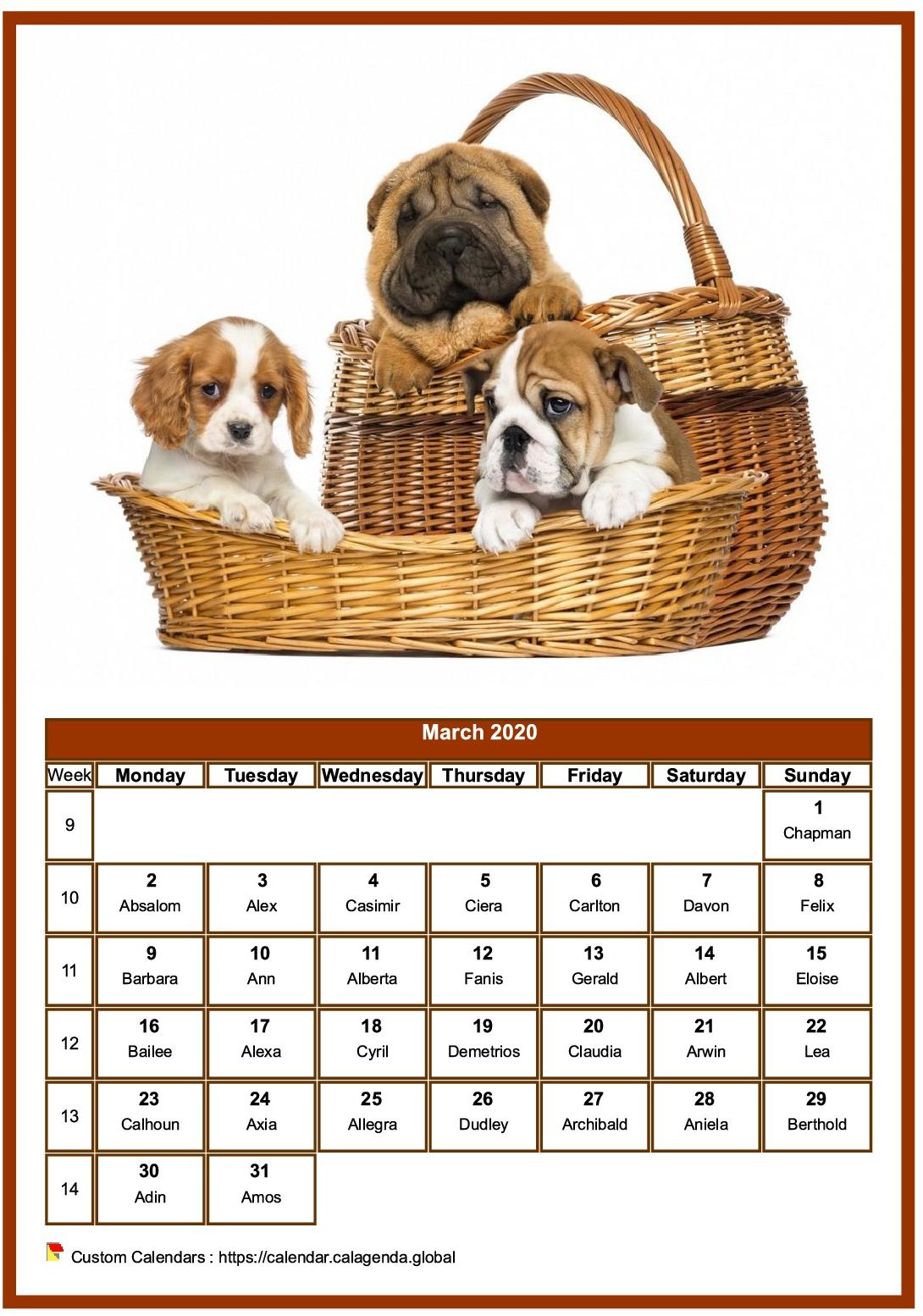 Calendar March 2020 dogs