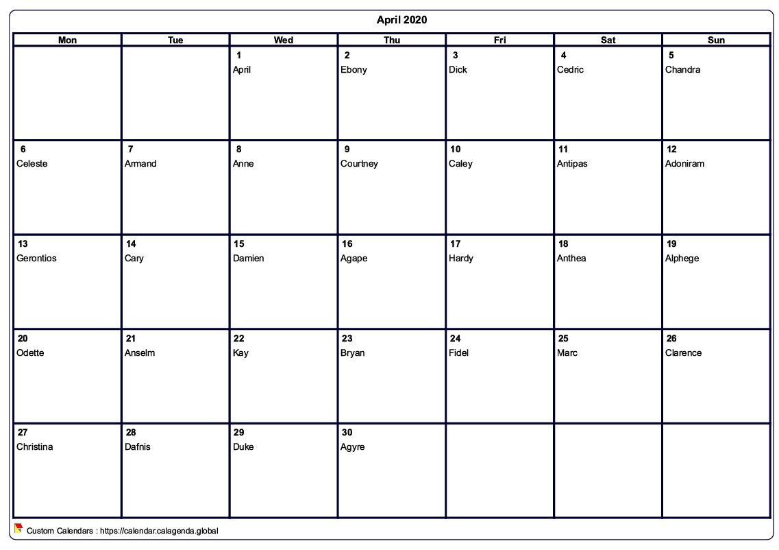 Calendar April 2020 to print blank
