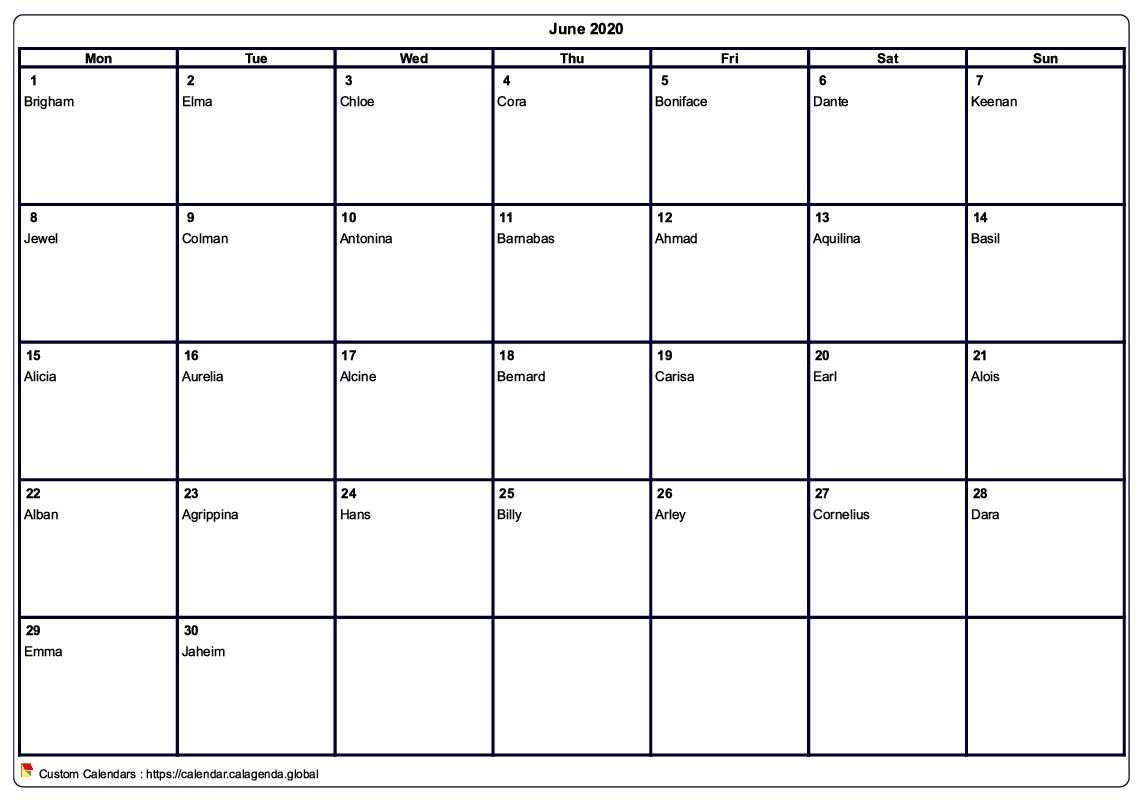 Calendar June 2020 to print blank