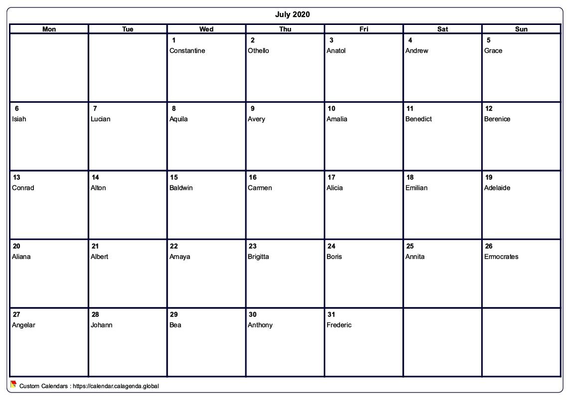Calendar July 2020 to print blank