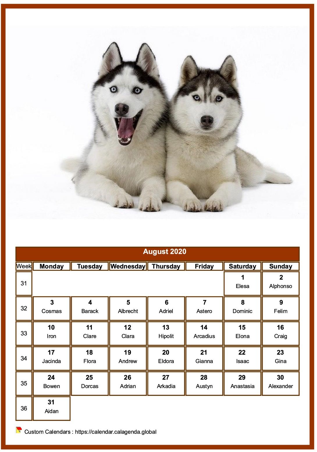 Calendar August 2020 dogs