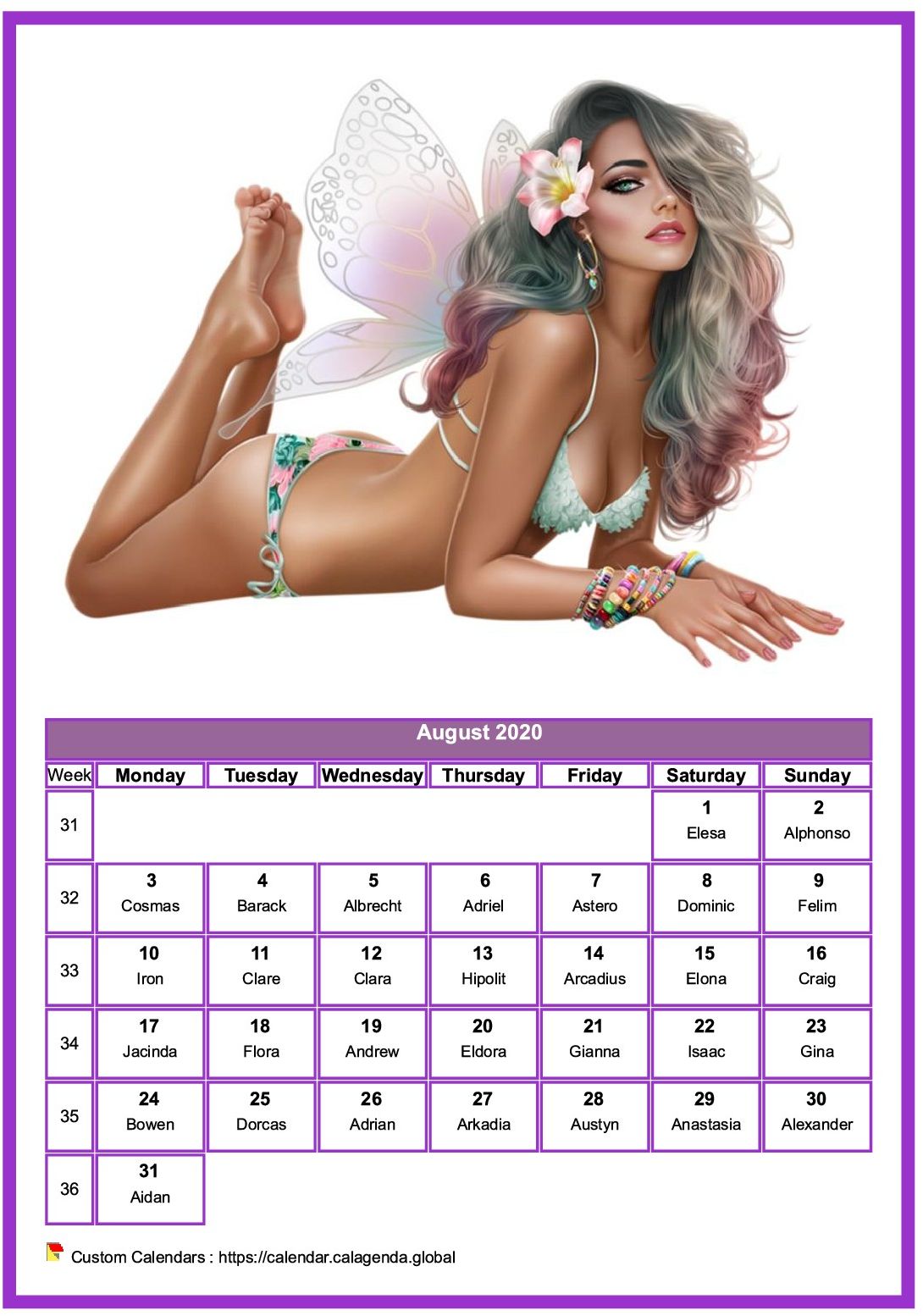 Calendar August 2020 women