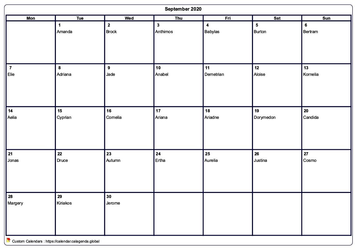Calendar September 2020 to print blank