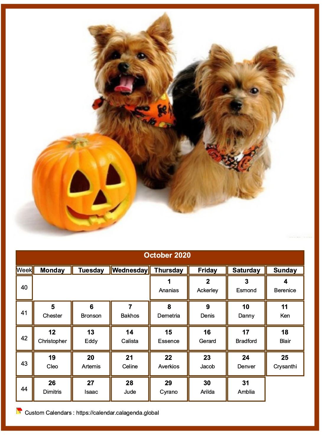 Calendar October 2020 dogs