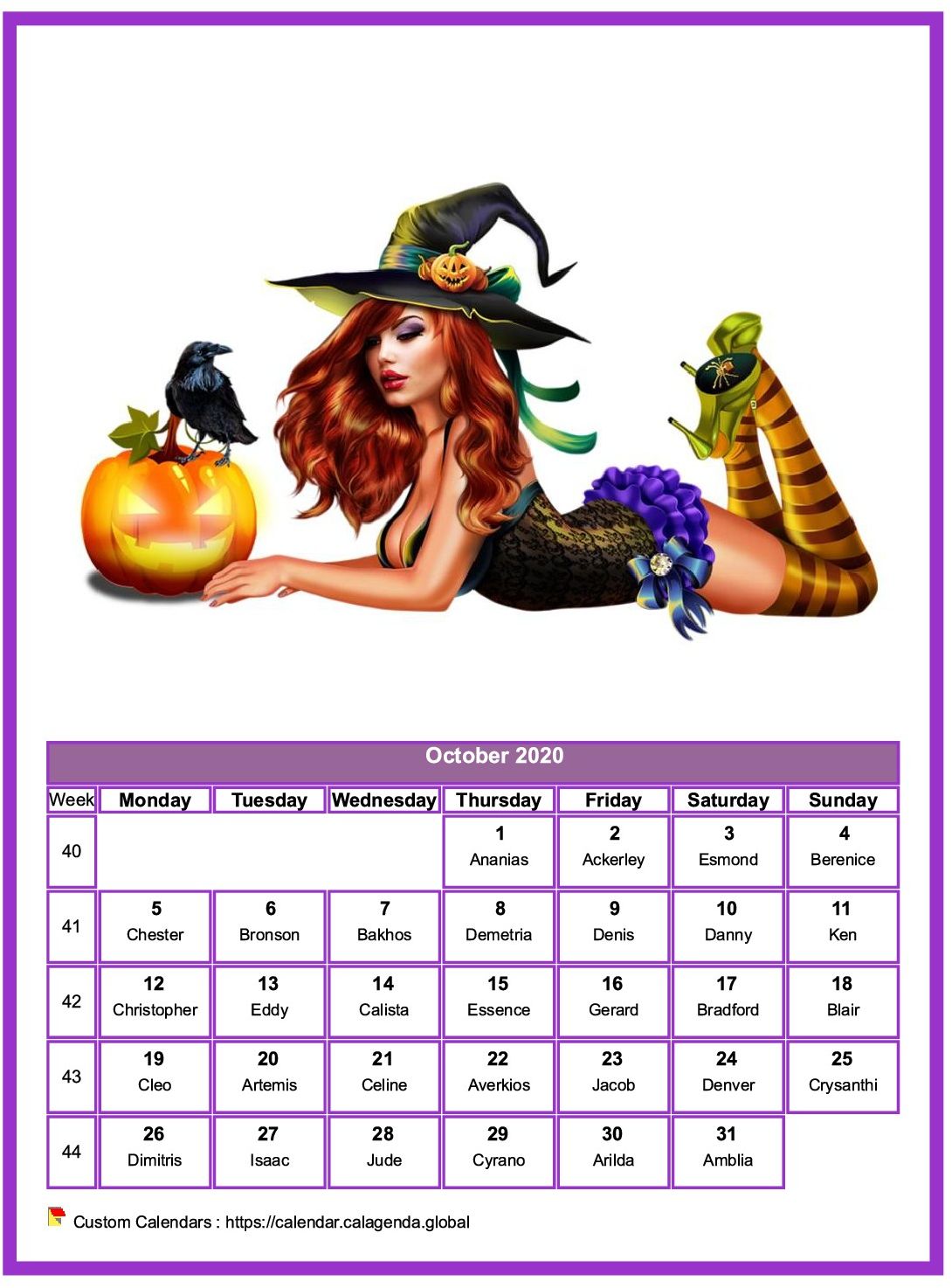 Calendar October 2020 women