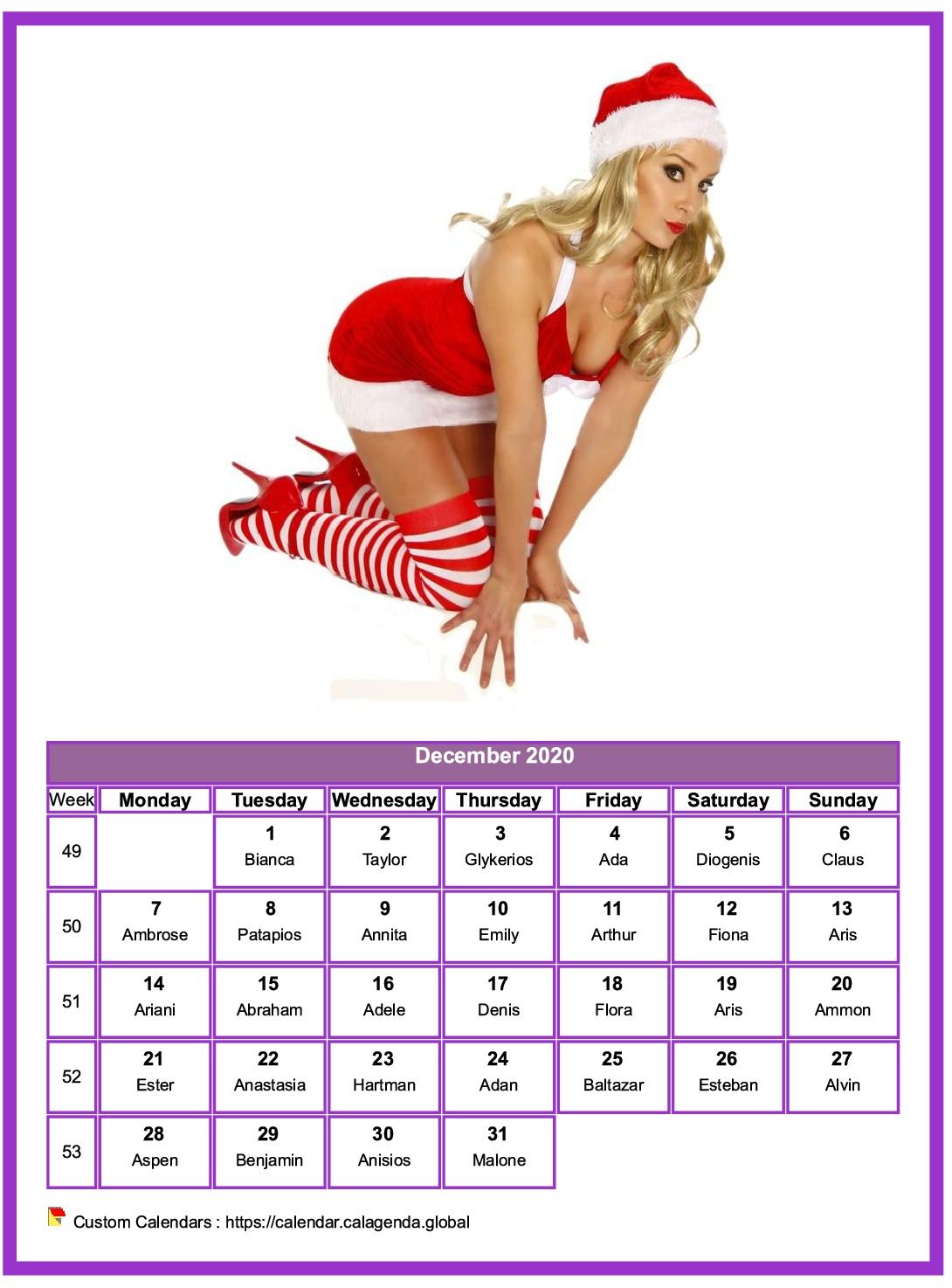 Calendar December 2020 women
