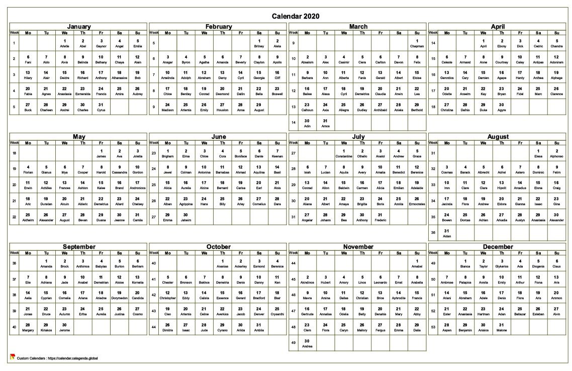  2020 annual calendar to print, format landscape, desk or wall