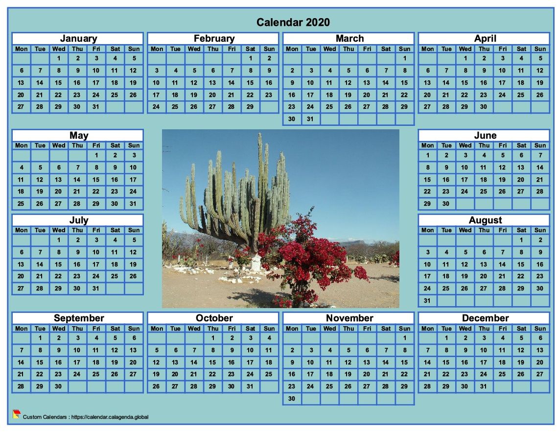 Calendar 2020 photo annual to print, cyan background, format landscape, desk or wall