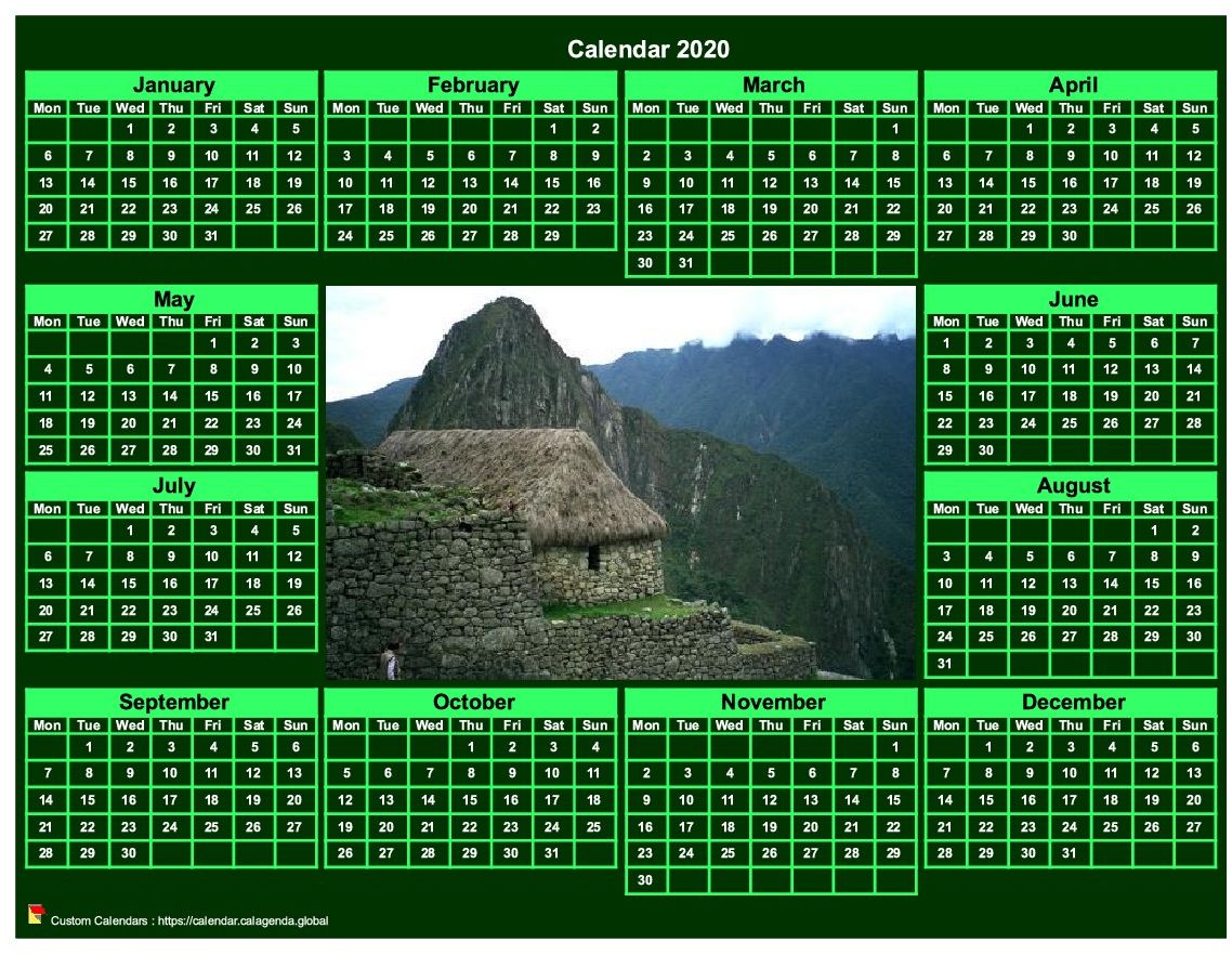 Calendar 2020 photo annual to print landscape, green background, format
