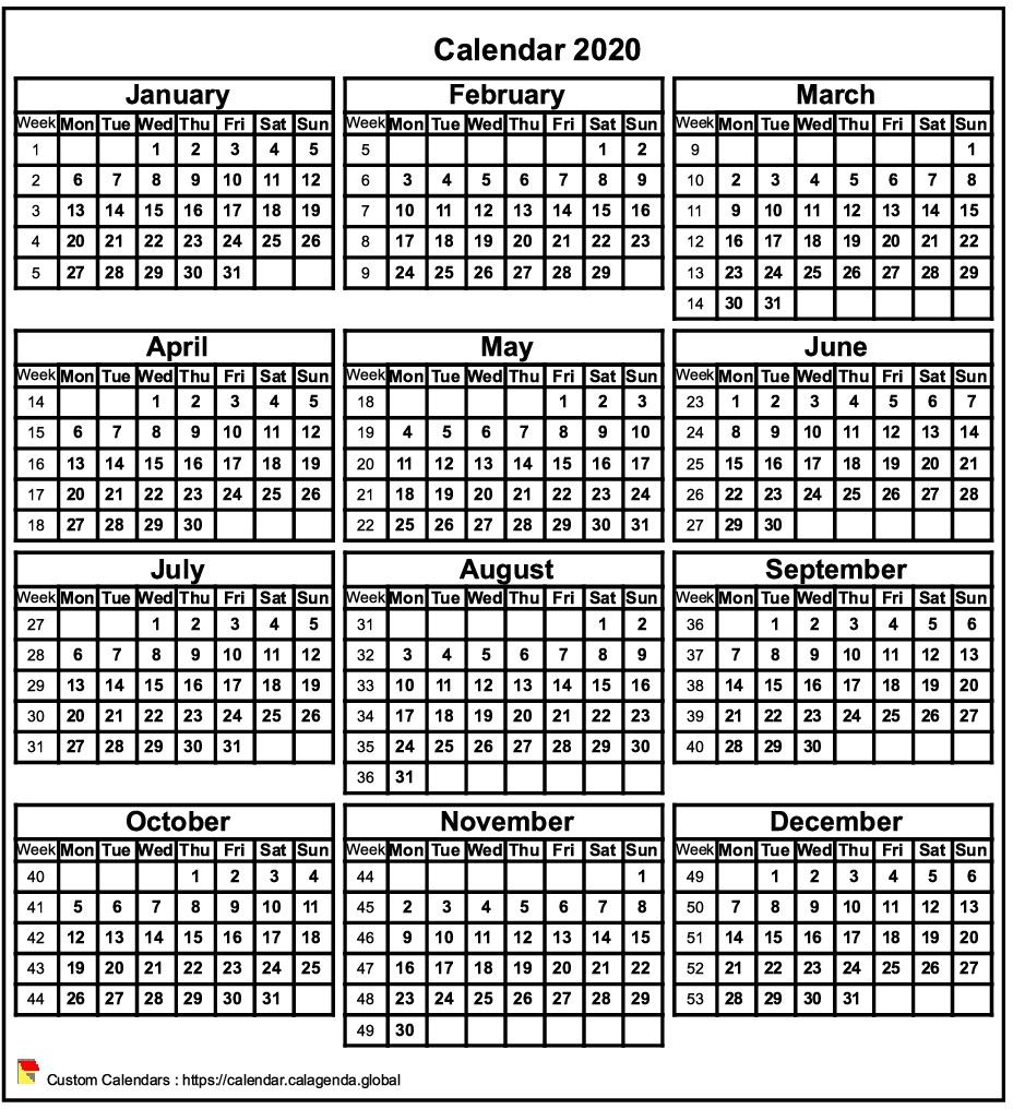 Calendar 2020 format portrait