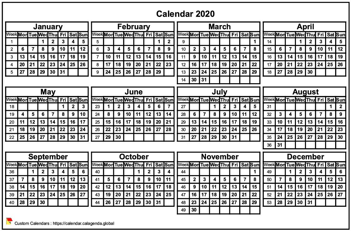 Calendar 2020 format landscape