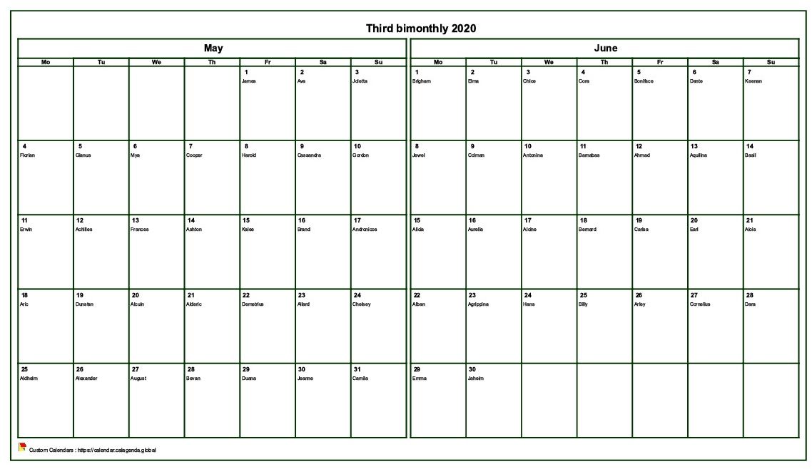 Calendar 2020 bimonthly, format landscape, with names
