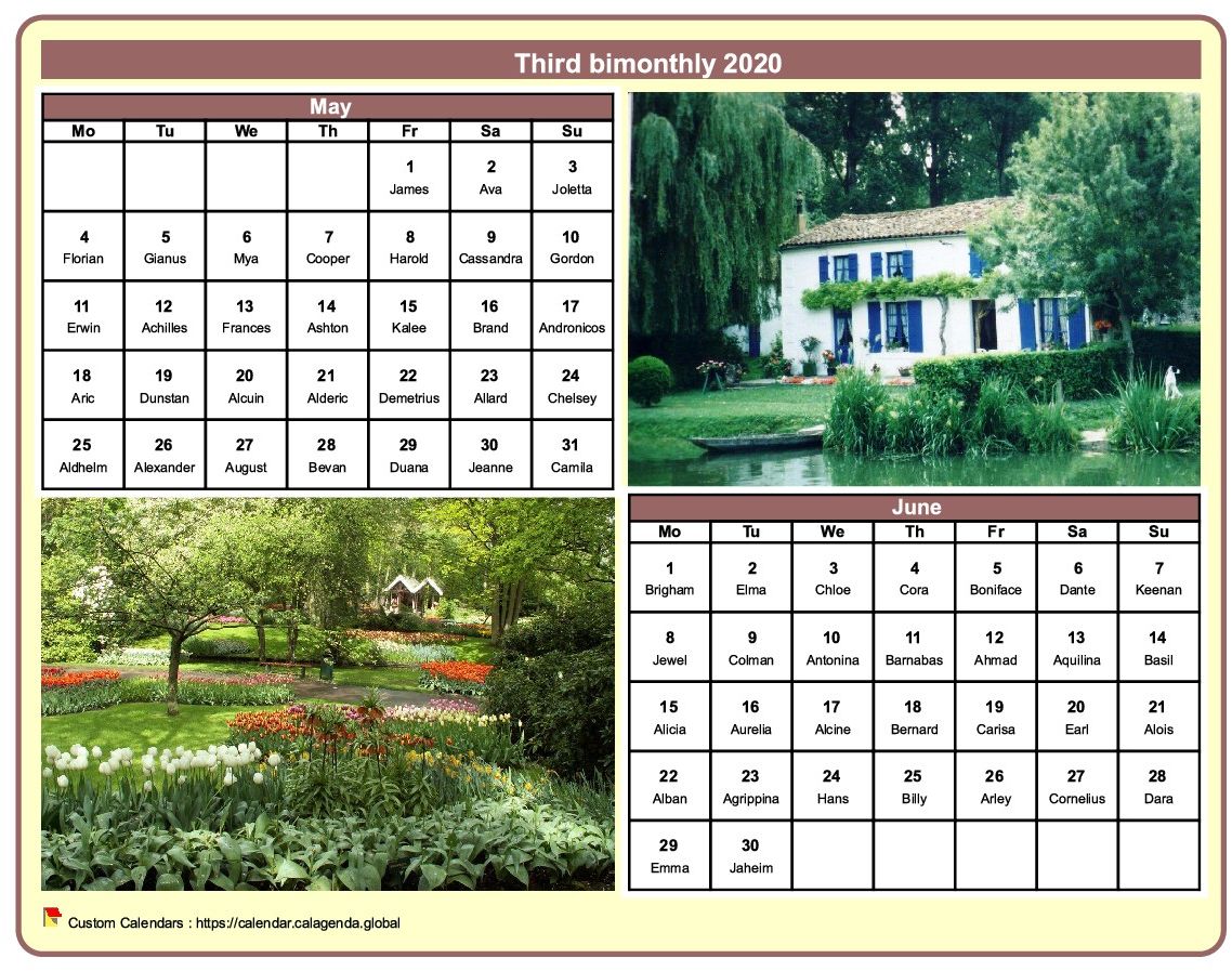 Calendar 2020 bimonthly with a different photo every month