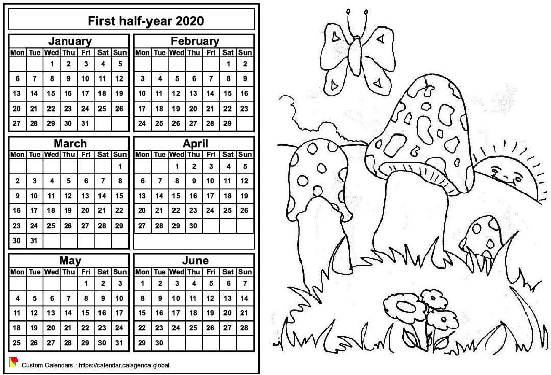 Calendar 2020 to color half-year, format landscape, for children
