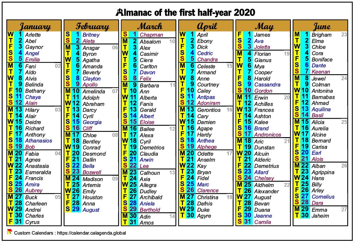 Calendar 2020 half-year six columns of format landscape