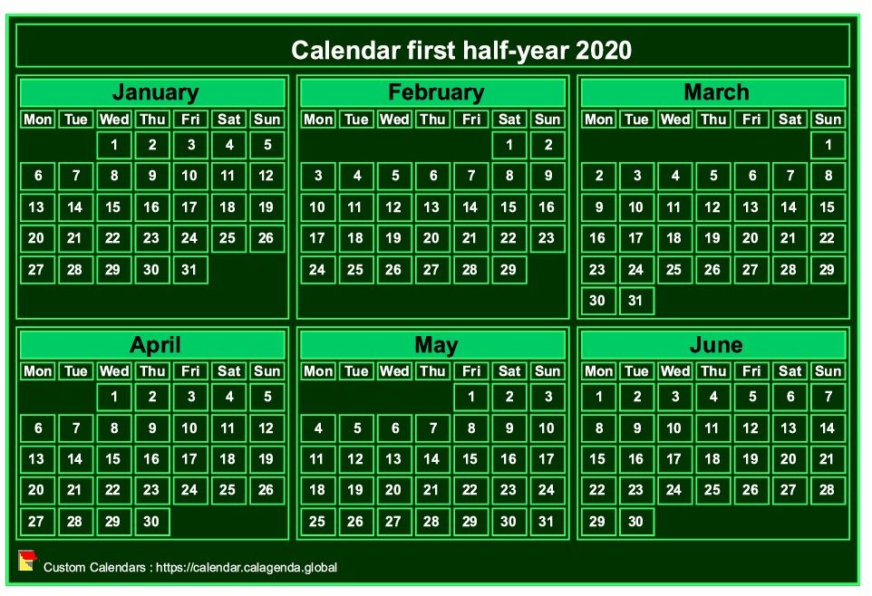 Calendar 2020 to print, half-year, tiny pocket format, green background