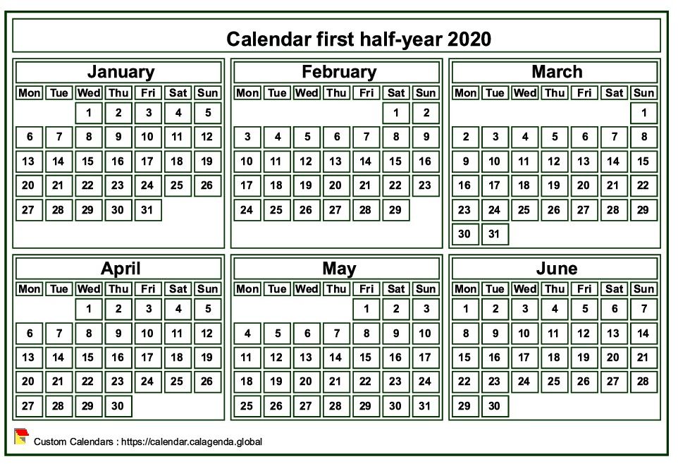 Calendar 2020 to print, half-year, tiny pocket format, white background