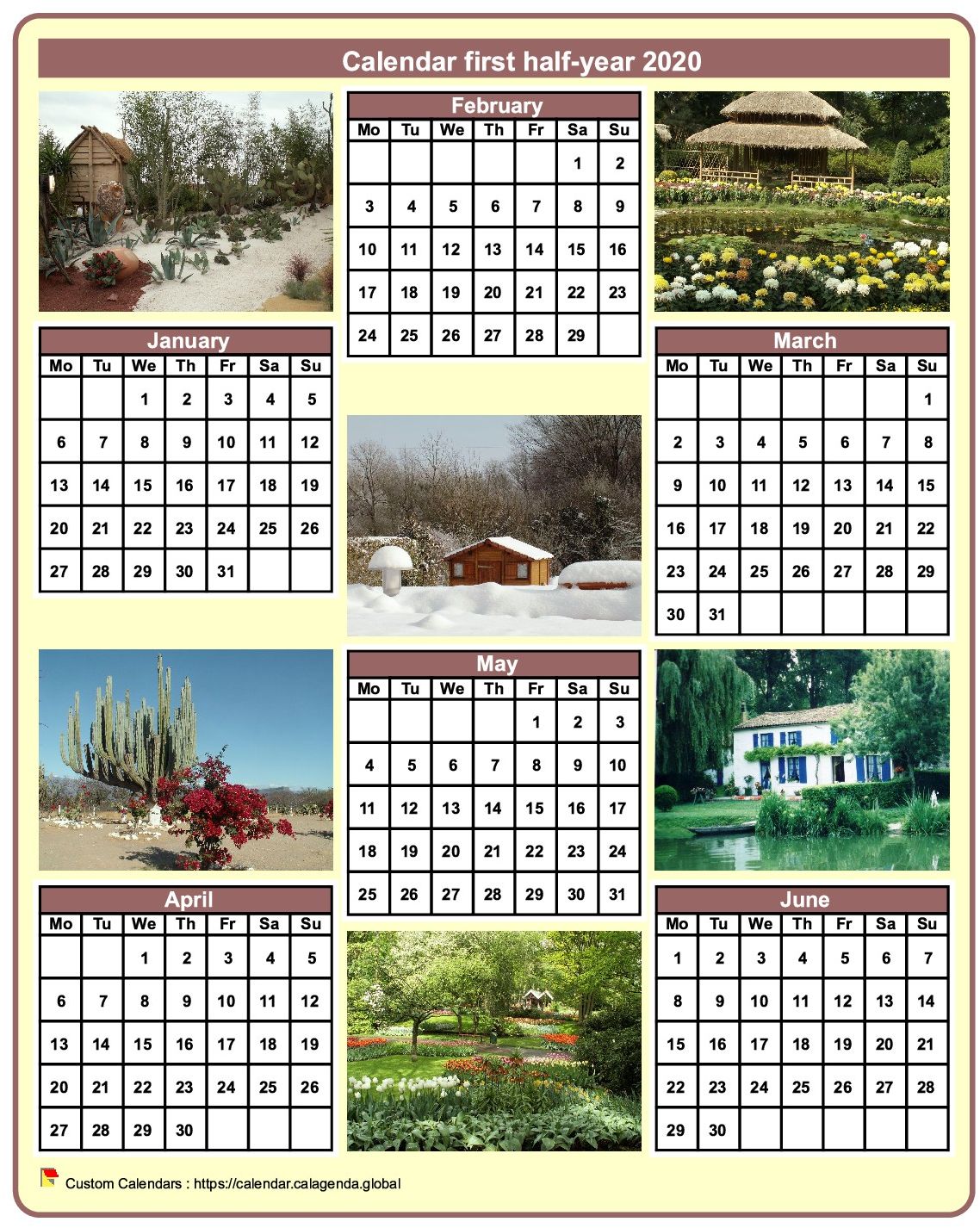 Calendar 2020 half-year with a different photo every month
