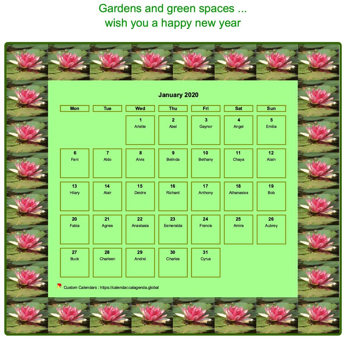 Calendar 2020 decorative agenda monthly, frame with motives waterlilies