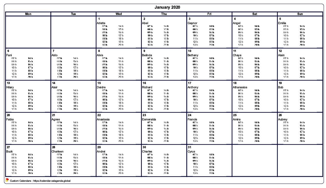 Calendar monthly 2020 to print virgin, with timetables in every box