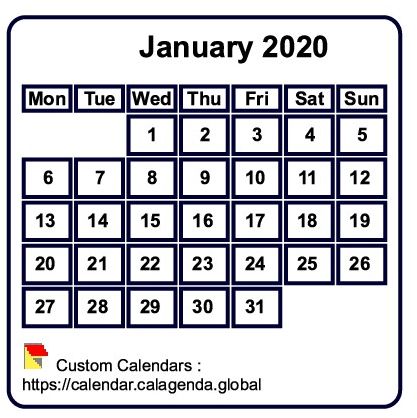 Calendar monthly 2020 to print, white background, tiny size, pocket size, special wallet