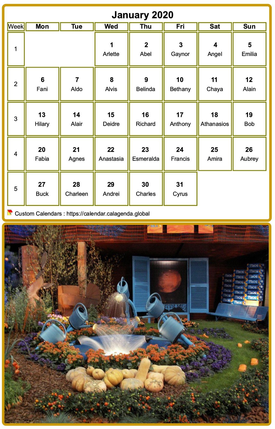 Calendar monthly 2020 to print, with photograph in underside