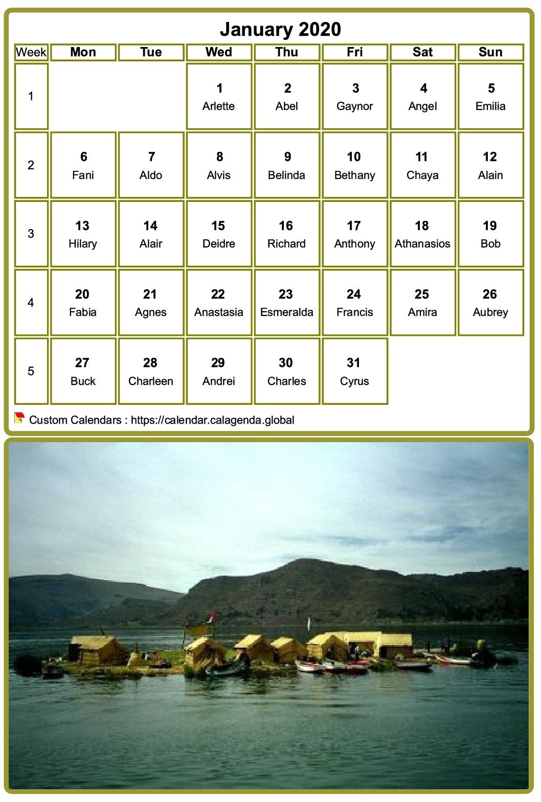 Calendar monthly 2020, table with photo