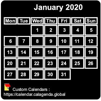 Calendar monthly 2020 to print, black background, tiny size, pocket size, special wallet